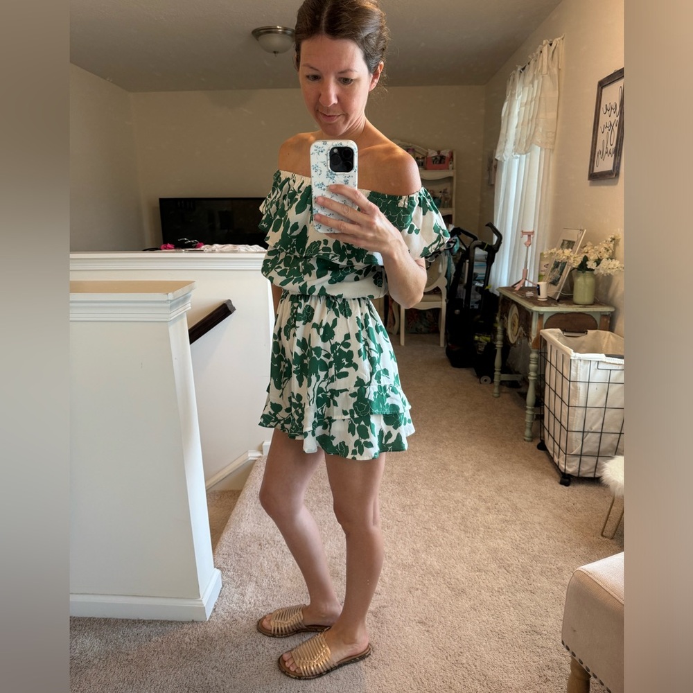 Green and white off the shoulder romper